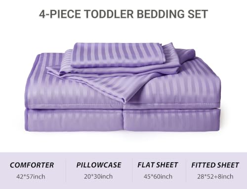 Image of ZPECC Toddler Bedding Set - 4 Piece Hypoallergenic Baby Crib Bedding Set for Boys and Girls, Includes Toddler Comforter, Flat Sheet, Fitted Sheet and Pillowcase, Purple Stripe