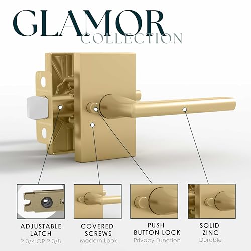 Image of Mega Handles Glamor Privacy, Lever & Lock Door Handle Set for Hallway, Closet and Bathroom, Keyless Lock, Heavy Duty Door Levers, Fits All Standard Door Sizes, Screws Included - Satin Brass (1 Pack)