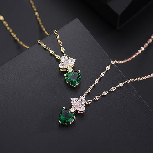 14K Gold Heart Necklace with Heart-Cut Emerald & Moissanite, Luxurious Clavicle Chain, Minimalist Emerald Accessory Gift for Every Woman3