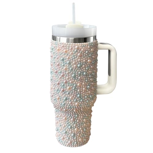HWISDMIG 40oz Tumbler with Handle-Glitter Rhinestones Tumbler Bling Cups Stainless Steel Water Bottle Diamond Studded Tumbler for Women-Birthday Gifts for Women, Mom, Girlfriend (Pearl Rainbow)