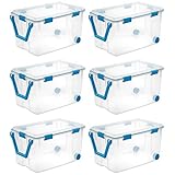 Sterilite 19434303 120 Quart Clear Plastic Storage Container Box and Lid with Blue Latches and Wheels (6 Pack)