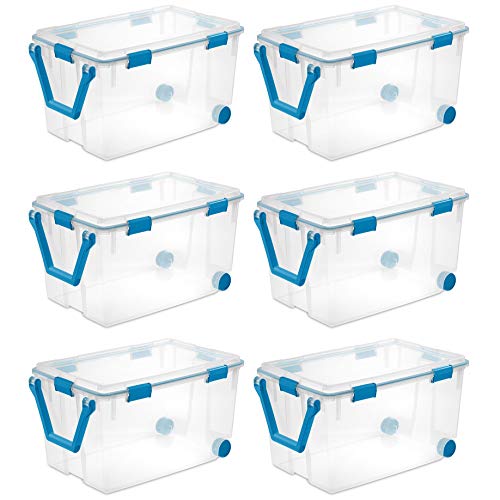 Sterilite 19434303 120 Quart Clear Plastic Storage Container Box and Lid with Blue Latches and Wheels (6 Pack)
