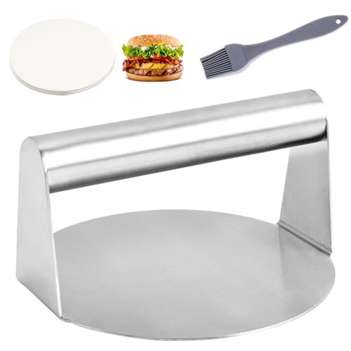 Littlegaofeithing 1 prensa antiadherente de acero inoxidable, prensa de filete picado redondo con 100 hojas de papel de aceite y 1 cepillo de aceite, para filete, hamburguesa, patties (14 cm)
