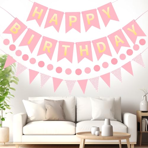 Image of Pink Happy Birthday Banner Hanging Sign Circle Dot Triangle Bunting