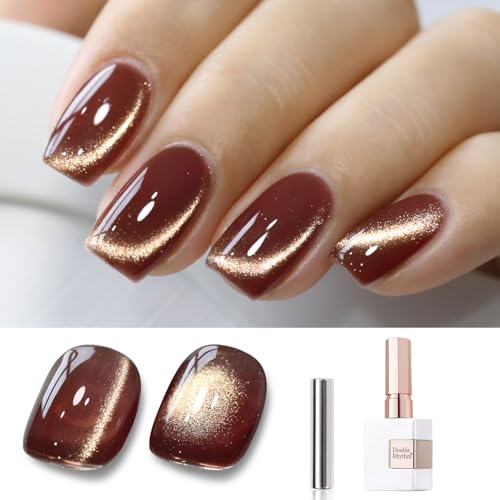 Double Rhythm 15ML Ice Glass Cat Eye Gel Polish with Magnet Holographic Glitter Shimmer Translucent Sheer Color Salon Soak Off Magnetic Nail at Home (Coffee Brown-MC1126)