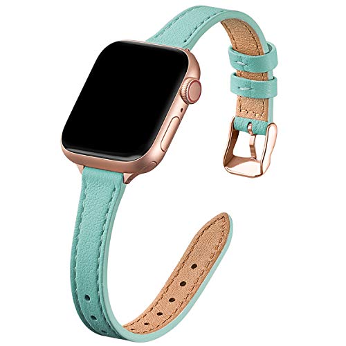 Image of STIROLL Slim Leather Bands Compatible with Apple Watch Band 38mm 40mm 41mm 42mm 44mm 45mm,Top Grain Leather Watch Thin Wristband for iWatch SE Series 7 /6 /5(Tiffany Blue with Rose Gold,38mm /40mm /41mm)