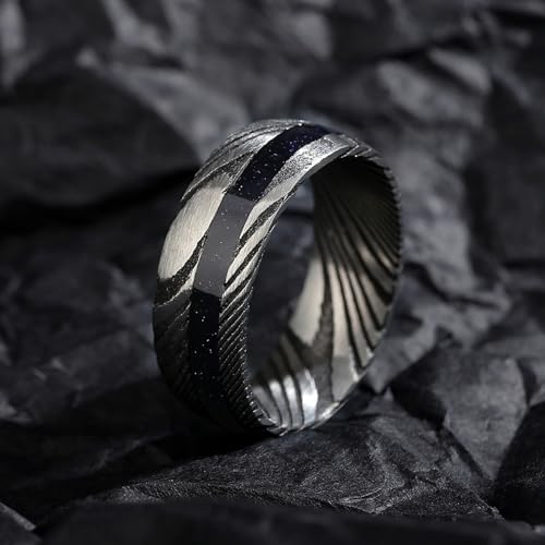 Damascus Steel Couple Rings Set 6mm and 8mm with Gold Sand Stone Inlay – Unique His and Hers Matching Bands3