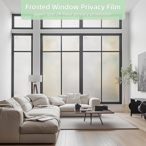 DUOFIRE Window Privacy Film Frosted Glass Window Film Static Cling No Glue Anti-UV Window Cling Privacy Film Non Adhesive for Office Meeting Room Bathroom Living Room, Pure Frosted 11.8 x 47 in