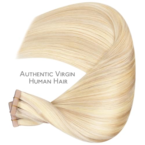Image of WENNALIFE Tape in Hair Extensions Human Hair, 40pcs 60g 10 inch Balayage Light Wheat Platinum Blonde Hair Extensions Real Human Hair Straight Tape in Extensions Invisible Human Hair Extensions Reusabl