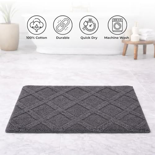 Image of Premium Combed Cotton Tufted Bathmat 45 x 65 cm, 1800 GSM Soft Absorbent Anti Skid Bathroom Floor Mat with Latex Backing, Quick Dry Non Slip Bath Rug for Shower & Daily Use, Diamond Grey
