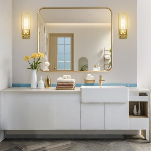 Image of CINOTON Golden Wall Sconces Set of 2, 15 inch Brushed Gold Wall Mounted Lamp, Hardwired AC 120V Wall Sconces Vintage Vanity Light Fixtures with Clear Glass, Wall Lights for Living Room, Hallway, Bedroom