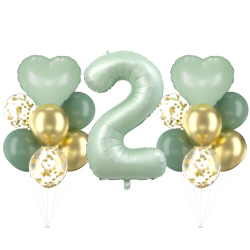 Cadimus Balões verdes 2 aniversários, balões de alumínio verde azeitona, decorações de 2 anos para menino e menina, bola de alumínio em forma de coração