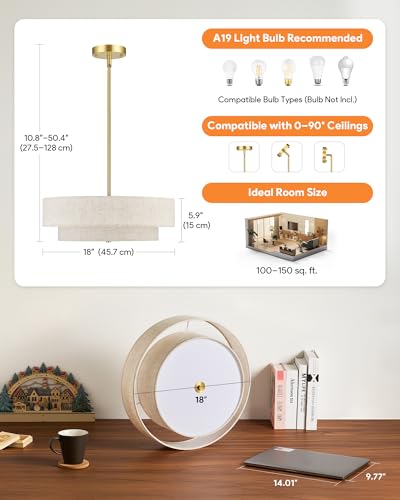 Image of VONLUCE 18 inch Modern Drum Chandelier, 4-Light 2-Tier Linen Pendant Light
