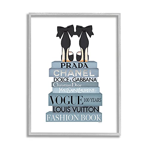 Image of 'Black Bow Shoes Tall Fashion Glam Bookstack'| Framed Giclee Art | Stupell Industries | Gray, 16 x 20 Inches, Easy to Hang and Sturdy, Made in USA, by Amanda Greenwood