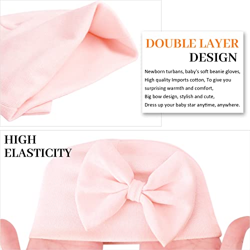 Newborn Hospital Hats Gloves Baby Infant Bow Beanie Cotton Caps No Scratch Hat Mittens Set for 0-6 Months3