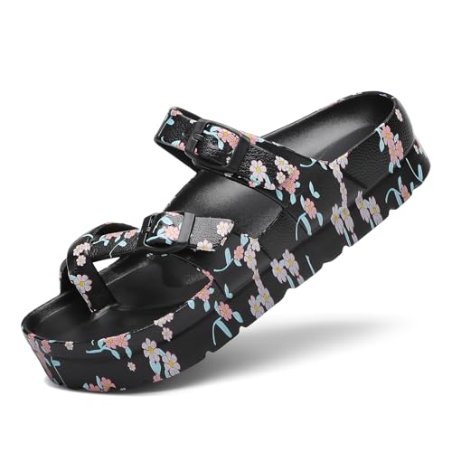 Image of TIKVAW Womens Arch Support Platform Sandals Comfort Slides Thick Soles Flat Sandals With Adjustable Buckle & Ultra Cushion