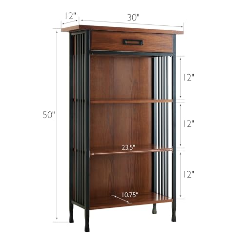Image of Ironcraft Solid Wood Mantel Height Rustic Bookcase with Drawer Storage, Mission Oak Brown and Black - Leick Home, 11262
