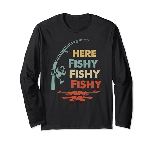 Funny Here-Fishy - Camiseta de pesca para mujer, niño y niño Manga Larga