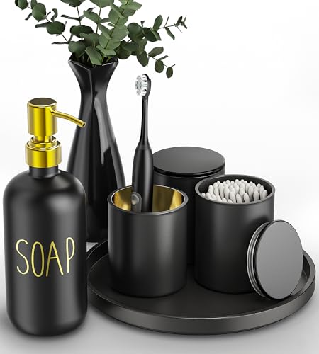 Black Bathroom Accessories Set with Tray 6pcs Matte Black Bathroom Accessory Sets Glass Soap Dispenser and Toothbrush Holder Set Qtip Holder Ceramic Flower Vase Bathroom Set Decor
