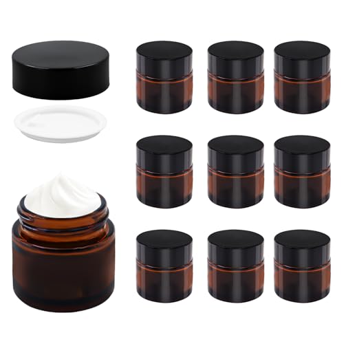 TOKSEO 10 tarros vacíos de cristal ámbar para rellenar tarros de crema de vidrio ámbar para rellenar, 10 ml, tarros de cosméticos, recipientes de cristal marrón con tapa y forro para cosméticos,
