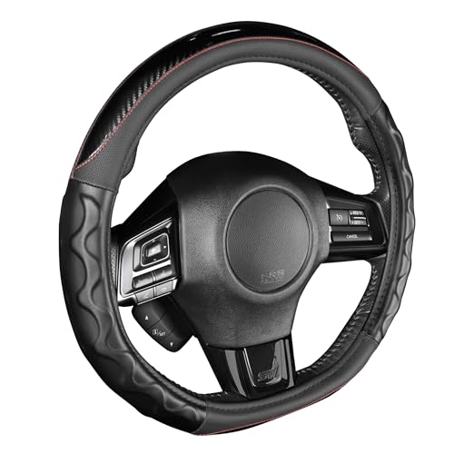 Image of Motor Trend Redline D-Shaped Steering Wheel Cover - Premium Flat Bottom Car Steering Wheel Cover, Black Faux Leather Sterring Wheel Cover, Standard 15 inch