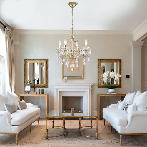 Uiimeces Mini Crystal Chandelier, Modern K9 Crystal Chandeliers for Dining Room, 4-Lights Gold Pendant Ceiling Light Fixture for Entryway Kitchen Island Bathroom Bedroom Living Room, H 21" x W 17.7"