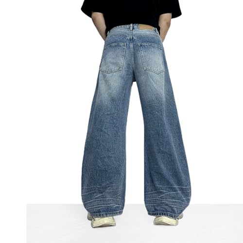 Mens Y2K Skater Wide Leg Jeans Zipper Frayed Pockets Fashion Blue Baggy Trousers3