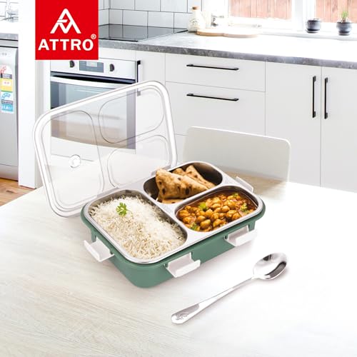 Image of Attro Bento 3 Compartment Stainless Steel Lunch Box with Steel Spoon, Heating & Water Insulation Design for Office, School & Travelling, 750ml- Light Green