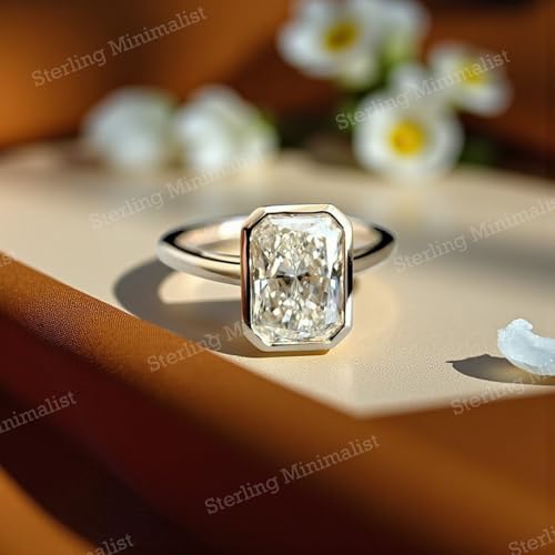 Solitaire Moissanite Ring for Women Radiant Cut14K Solid Gold Ring Bezel Set Tarnish - Free Ring Engagement Jewelry Minimalist Birthday Gifts Holiday Anniversary,2