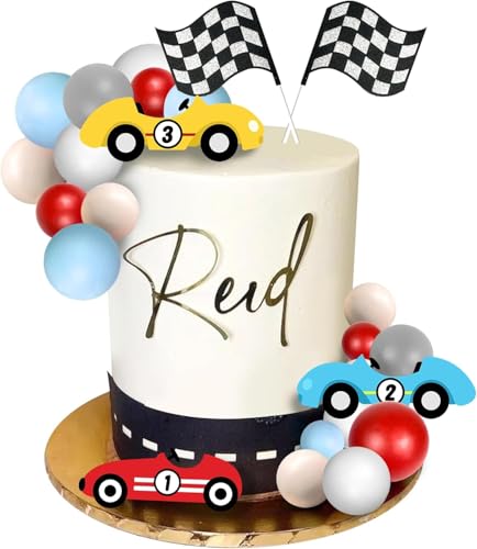 Coches Decoración Tartas 25 Piezas Bolas Decorativas para Tartas Bandera a Cuadros Cake Topper Coches Decoracion Tarta para Fiesta de Cumpleaños