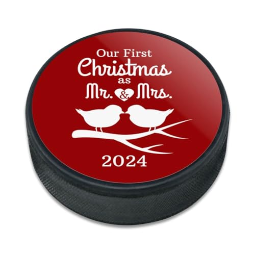 Our First Christmas as Mr and Mrs 2024 Married Kissing Birds Red Background Ice Hockey Puck