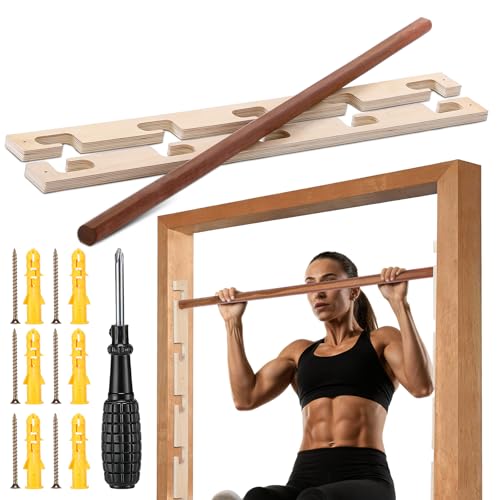 Leinuosen Doorway Pull-up Bar Sets Adjustable 5 Levels Wooden Doorway Pull-up Bar and 2 Door Frame with 6 Sets of Screw-in Heavy-duty Door-mounts to Fits 118cm(100kg Load Capacity)