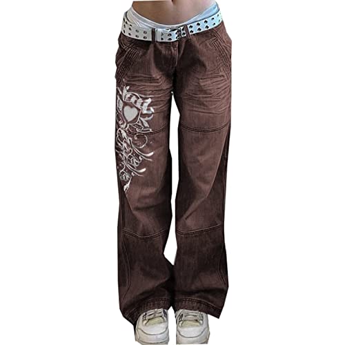 Jeans taille basse pour femmes à jambes larges imprimé vintage Y2k