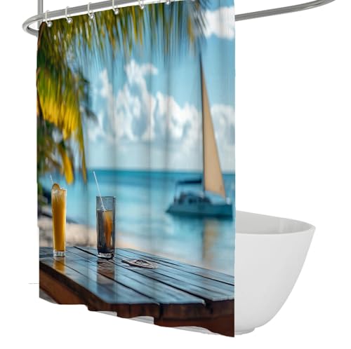 MUKULING Tropical Ocean Drinks Shower Curtain Set with 12 Hooks