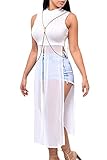 Women Asymmetric Crop Tops Shirts Mesh High Neck Sleeveless Club Tanks Blouses Plus Size