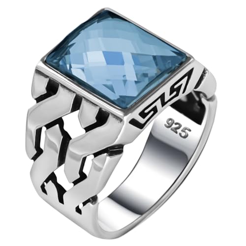 Mens Solid Genuine 925 Sterling Silver Ring Simulated Blue Aquamarine Handmade Cuban Link Chain Motif Braided Ring (Simulated Aquamarine, 8)