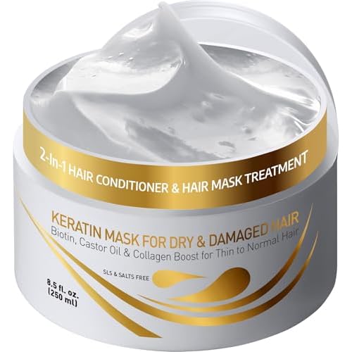 VITAMINS hair cosmetics Keratin Hair Mask Deep Conditioner – Biotin Collagen Protein & Castor Oil Repair for Dry Damaged Hair – Conditioning Treatment for Curly or Straight Thin Fine Locks