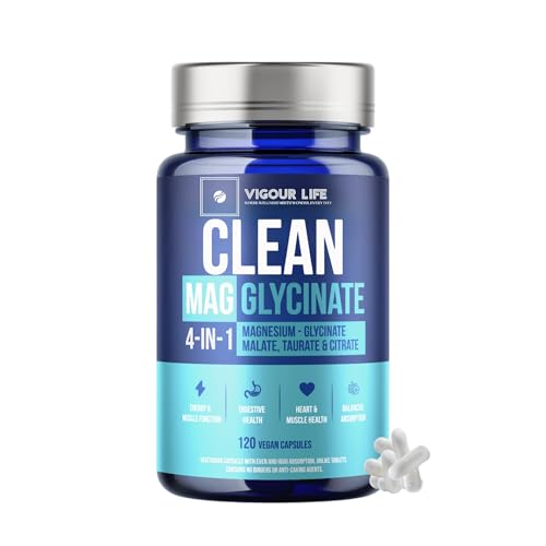 Clean Magnesium Glycinate 4-in-1 Complex | No Fillers, Binders or Additives | Vegan Magnesium Glycinate, Malate, Citrate & Taurate for Muscle Recovery, Heart Health & Sleep Support | 120 Capsules