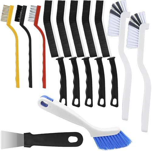 Cleaning Brush 12Pcs Set, Crevice Cleaning Brush with Scraper, Multi-Purpose Hard Bristle Deep Cleaning Brushes Supplies for Kitchen, Bathroom, Corner, Grout, Sink, Cup, Teapot, Bottle, Blender