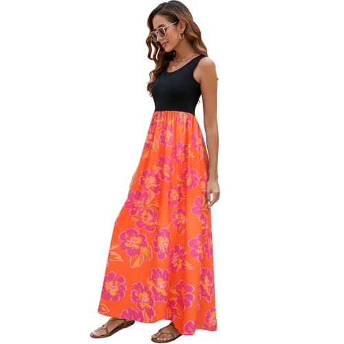 Image of Sherosa Women Boho Chevron Striped Floral Printed Summer Sleeveless Tank Long Maxi Party Dress
