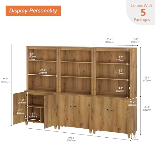 Image of WAMPAT 71 inch Tall Bookcase with Doors & Storage Cabinet, 3 Column Modern 5-Tier Bookshelf with Adjustable Shelf, 106 inch Wide Wooden Display Book Shelf for Home Office, Living Room, Bedroom, Oak Brown