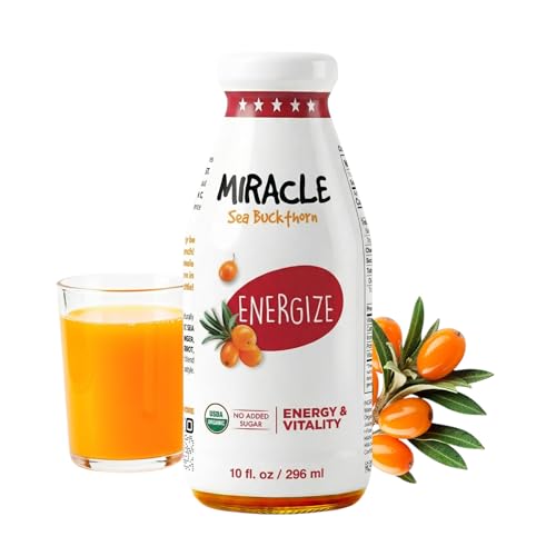Miracle Sea Buckthorn ENERGIZE USDA Organic Sea Buckthorn Juice Drink | Omega 7 & Antioxidant Rich Superfruit | Apple Carrot & Ginger Blend | No Added Sugar Non-GMO |10 fl oz Glass Bottle