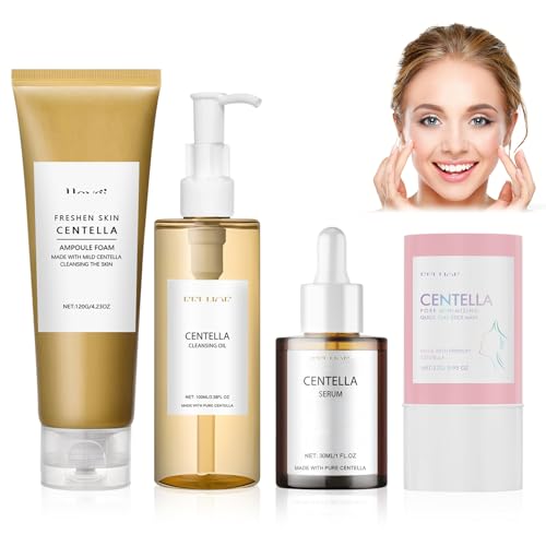 4 Pièces Centella Kit, Centella Cleansing Oil + Centella Nettoyant Visage + Serum + Stick Mask, Skincare Kit, Douce et Légère, Convient aux Peaux Sensibles