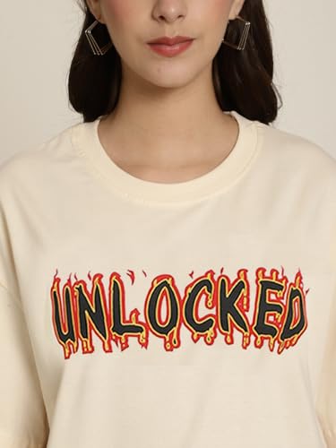 Image of Fabflee Oversized Cotton Baggy Drop Shoulder Graphic Tee with Half Sleeves | Korean Casual Loose T-Shirt for Women