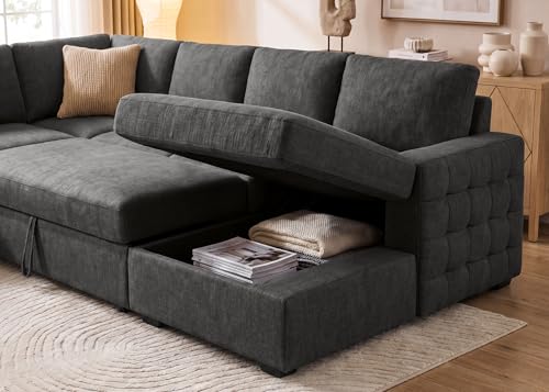 Image of HONBAY Sectional Sleeper Sofa with Pull-Out Bed Storage Chaise, 6 Seater Couch for Living Room, Middle Grey
