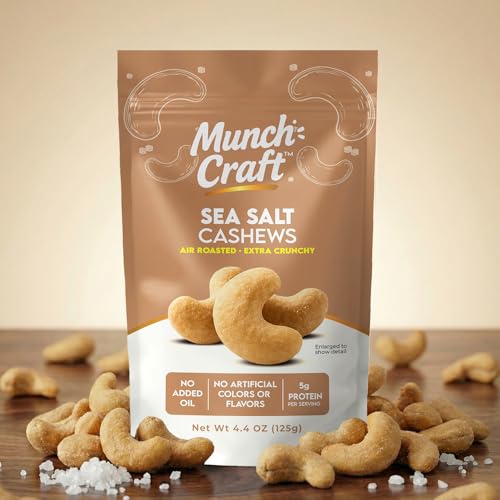 Image of Munch Craft Sea Salt Cashews - (Pure & Simple) - Crunchy Air-Roasted Nuts, Oil-Free - No Artificial Colors or Flavors - 4.4 oz (125g) Resealable Bag