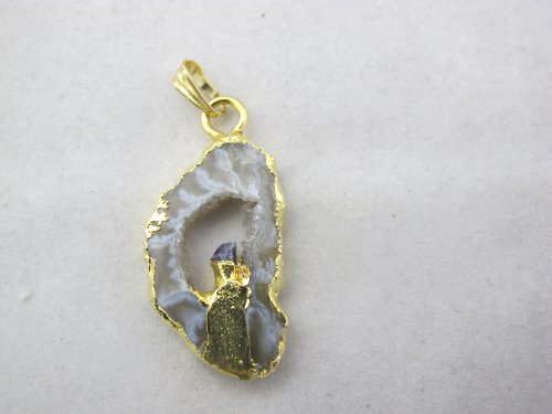 Agate Pendant Nature Druzy Agate Picture Texture With Gold Bezel Necklace Charms One Hook #TOP3