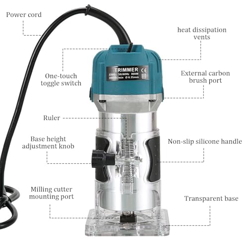 SKJJM Holzfräse Oberfräse Professionell, 800W 30000 U/min Elektrischer Oberfräse Trimmer mit 15 Stück Fräsen Cuter mit 6 Geschwindigkeitsstufen für Holz, Fasen, Nuten, Schneiden, Bohren