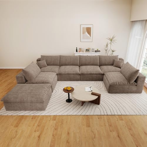 Image of 136 inch Cloud Couch Modular Sectional Sofa for Living Room, U-Shape Boneless Couch with Deep Seat, Modern Corduroy 6-Seater with Ottoman, No Assembly Required, Camel
