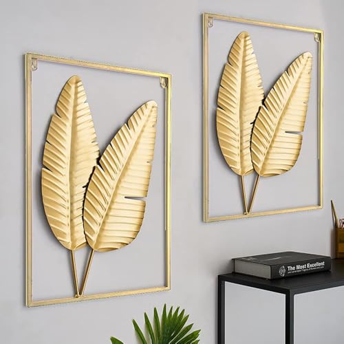 Image of Framing Hub - Gold Metal Wall Decor Set of 2 Leaf Wall Hanging Home Decor with Frame, Metal Wall Art Decor Wall Sculptures for Living Room, Bedroom, Office, Hotel (Size 15 inch X 22 inch)